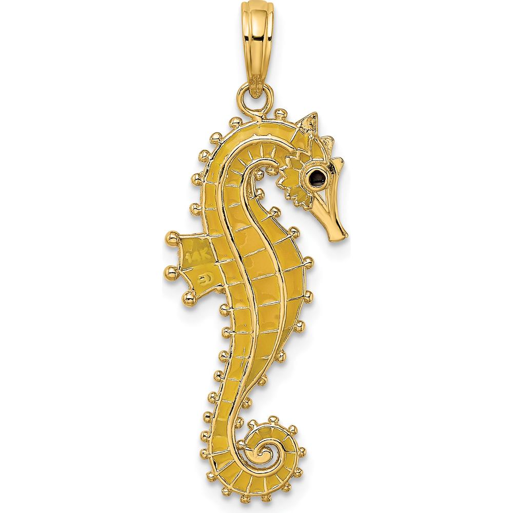 14K Yellow Gold 3D Seahorse Pendant with Yellow Enamel and Black Accents - Ocean-Inspired Charm by Oro Pregiato