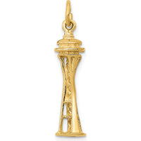 14K Yellow Gold 3D Seattle Space Needle Charm - Polished Textured Design