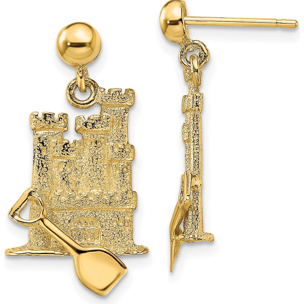 14K Yellow Gold 3D Shovel Sand Castle Dangle Earrings - 25mm Length by 0