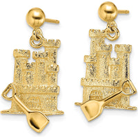 14K Yellow Gold 3D Shovel Sand Castle Dangle Earrings - 25mm Length by 0