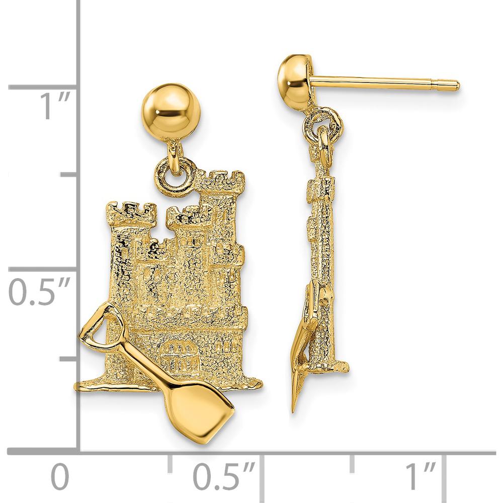14K Yellow Gold 3D Shovel Sand Castle Dangle Earrings - 25mm Length by 0