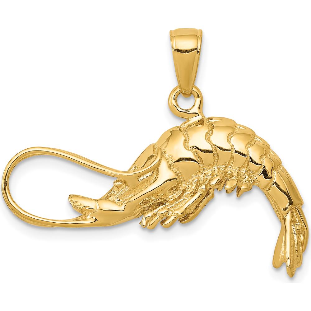 14K Yellow Gold 3D Shrimp Pendant - Polished Finish, 19mm Length by Oro Pregiato