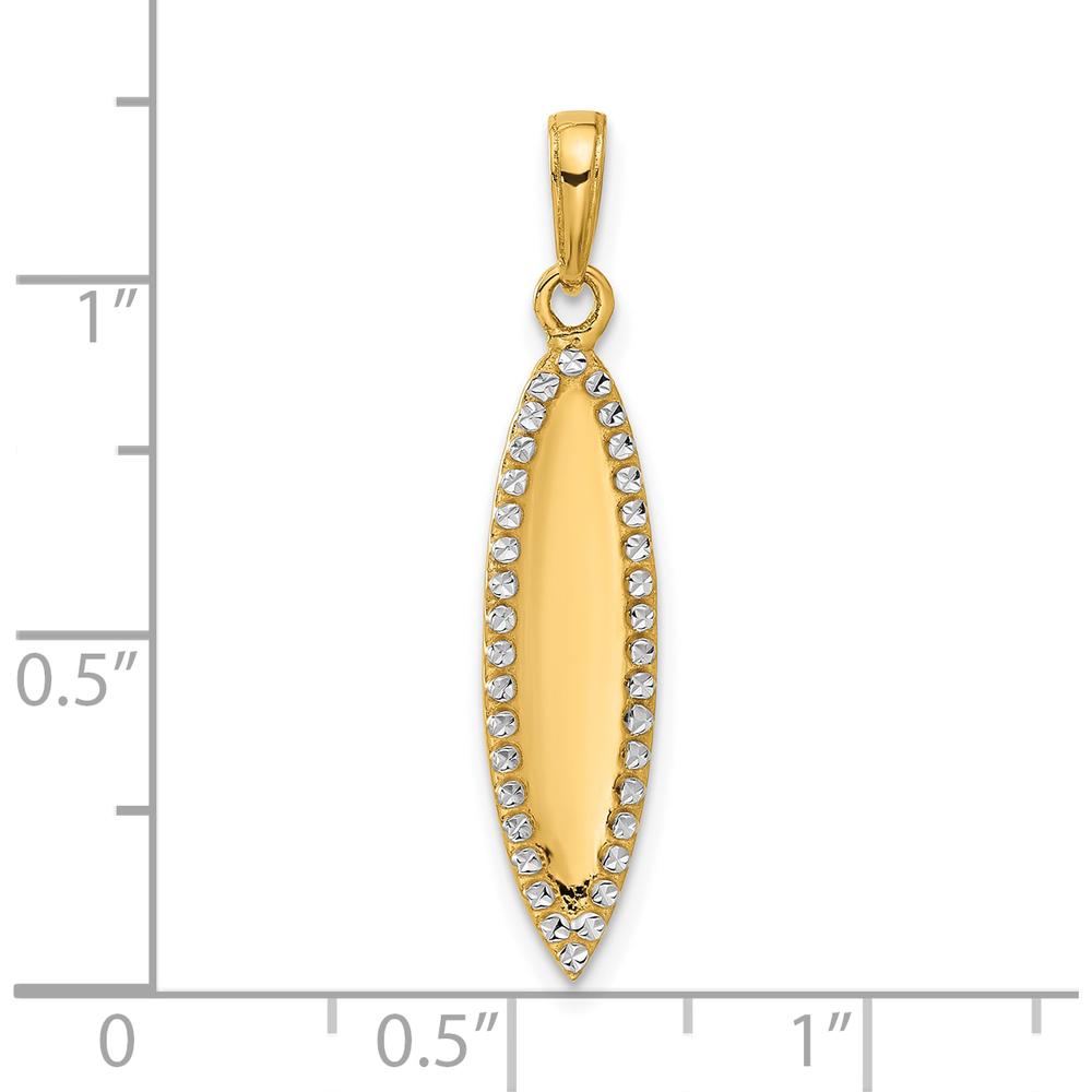 14K Yellow Gold 3D Surfboard Pendant with White Rhodium Diamond-cut Detail by Oro Pregiato