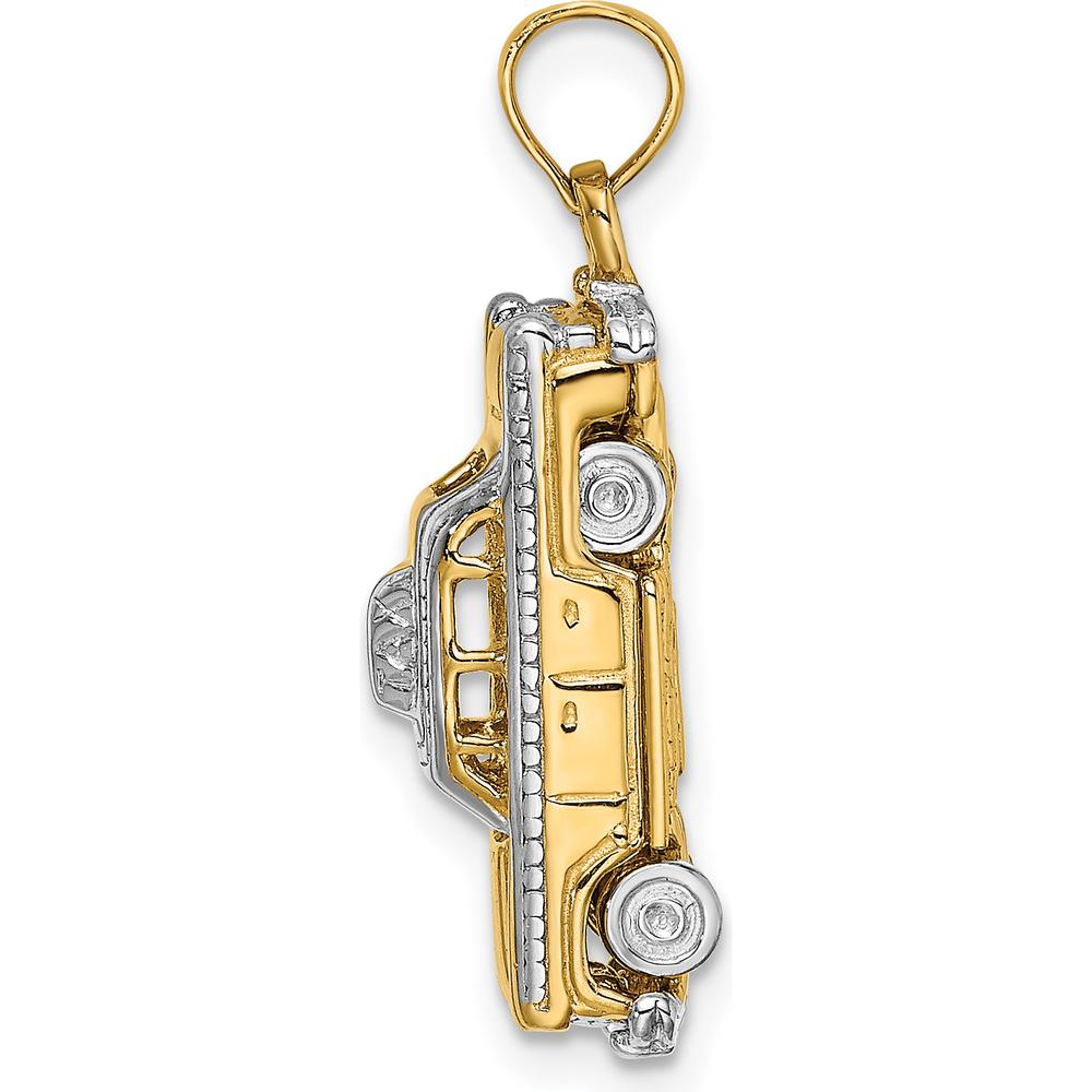 14K Yellow Gold 3D Taxi Pendant with Moveable Tires and Rhodium Accents by Oro Pregiato