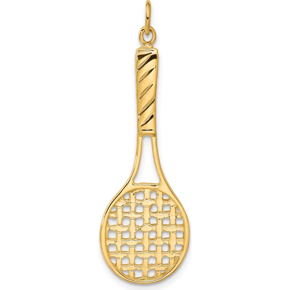 14K Yellow Gold 3D Tennis Racquet Pendant with Polished Textured Finish - 46mm x 15mm