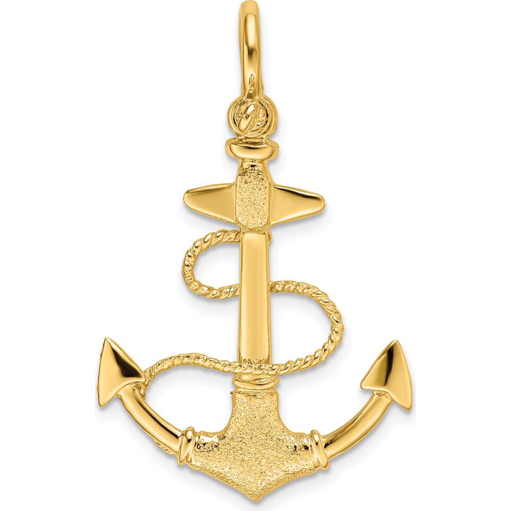 14K Yellow Gold 3D Textured Anchor Pendant with Rope and Shackle Bail by Oro Pregiato