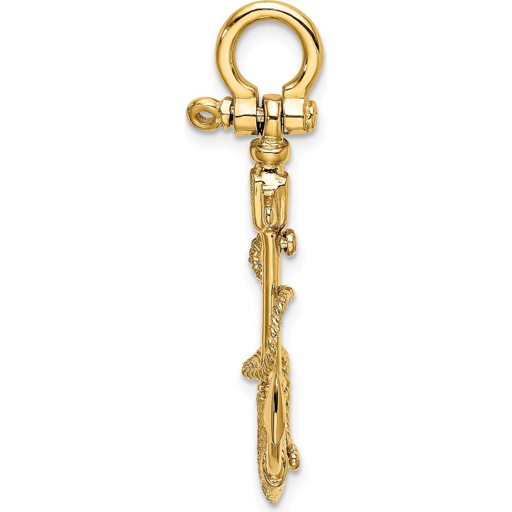 14K Yellow Gold 3D Textured Anchor Pendant with Rope and Shackle Bail by Oro Pregiato