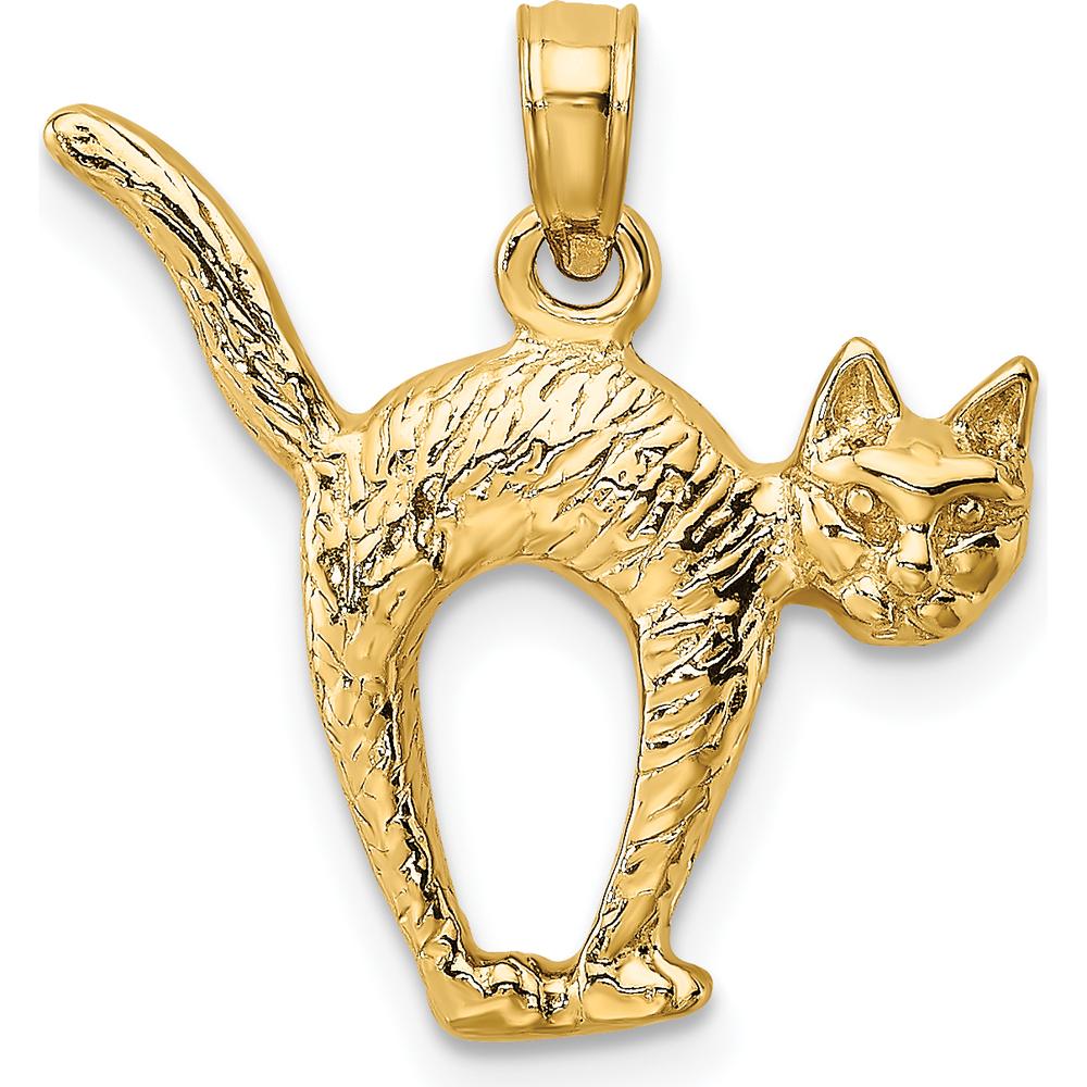 14K Yellow Gold 3D Textured Cat Charm with Raised Tail - Playful Pendant by Oro Pregiato