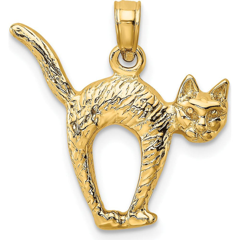 14K Yellow Gold 3D Textured Cat Charm with Raised Tail - Playful Pendant by Oro Pregiato