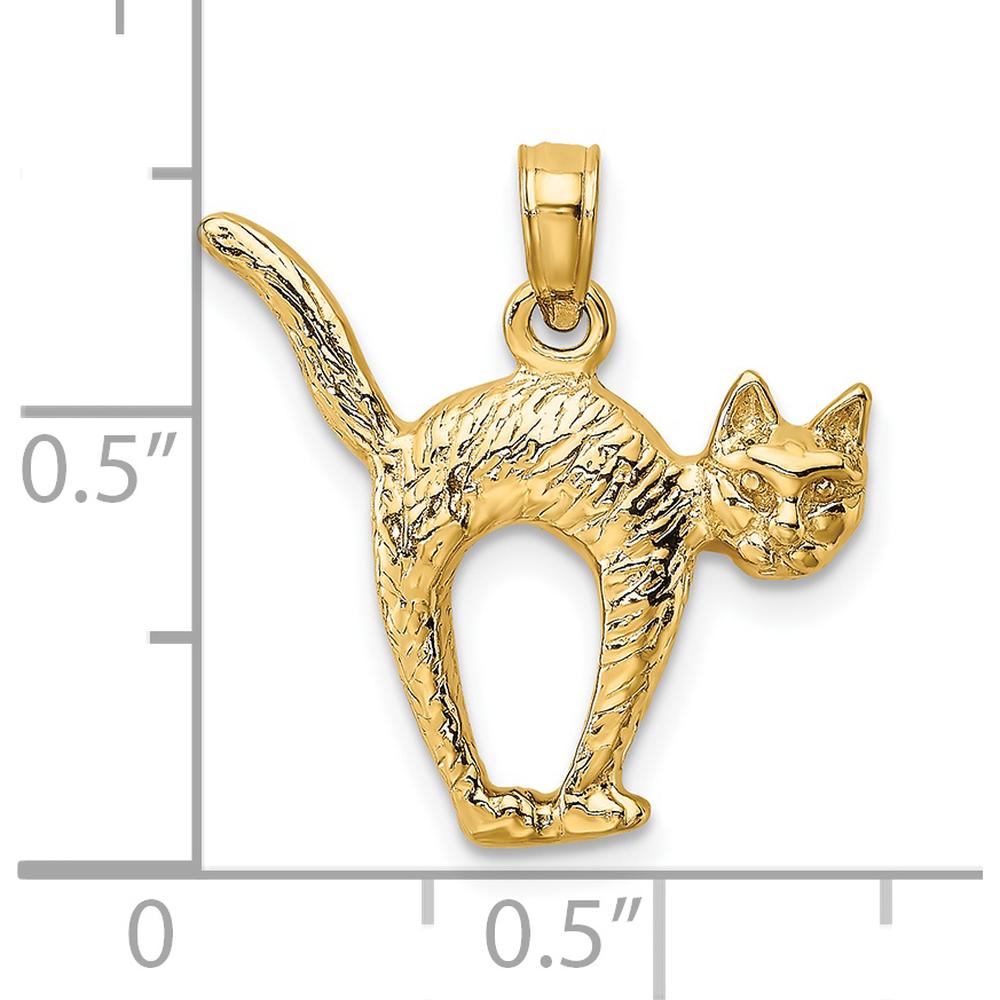 14K Yellow Gold 3D Textured Cat Charm with Raised Tail - Playful Pendant by Oro Pregiato