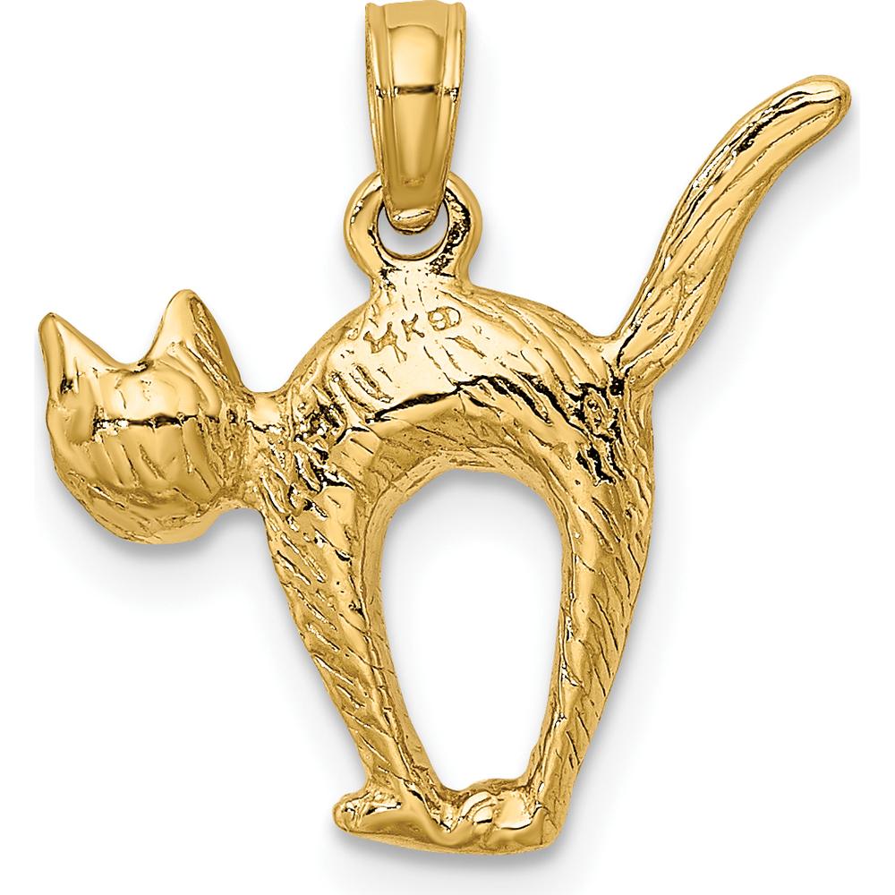 14K Yellow Gold 3D Textured Cat Charm with Raised Tail - Playful Pendant by Oro Pregiato