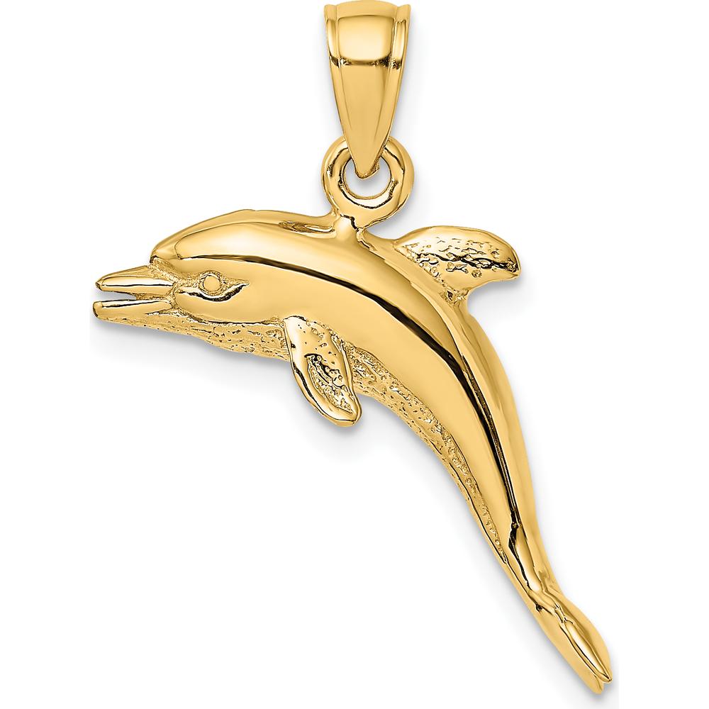 14K Yellow Gold 3D Textured Jumping Dolphin Charm - Polished Finish by Oro Pregiato