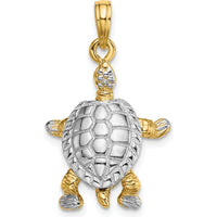 14K Yellow Gold 3D Turtle Charm with Moveable Head and Legs in Rhodium Finish by Oro Pregiato