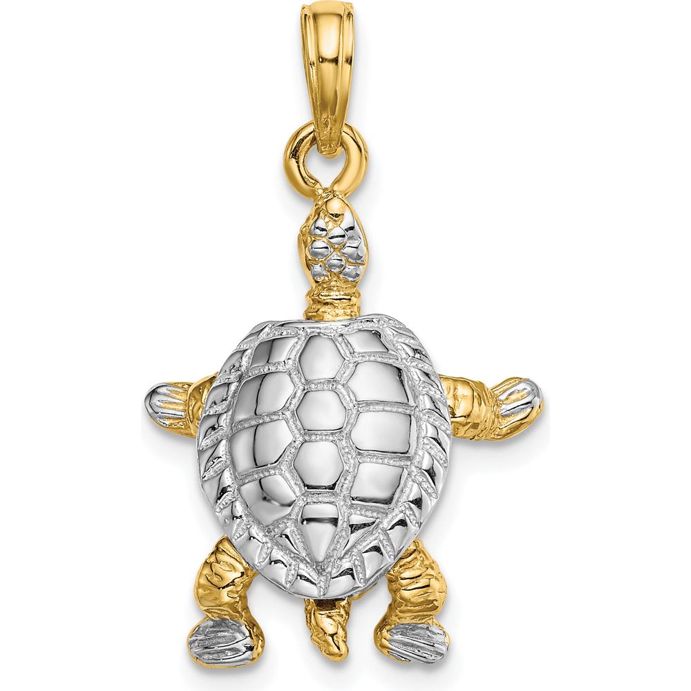 14K Yellow Gold 3D Turtle Charm with Moveable Head and Legs in Rhodium Finish by Oro Pregiato