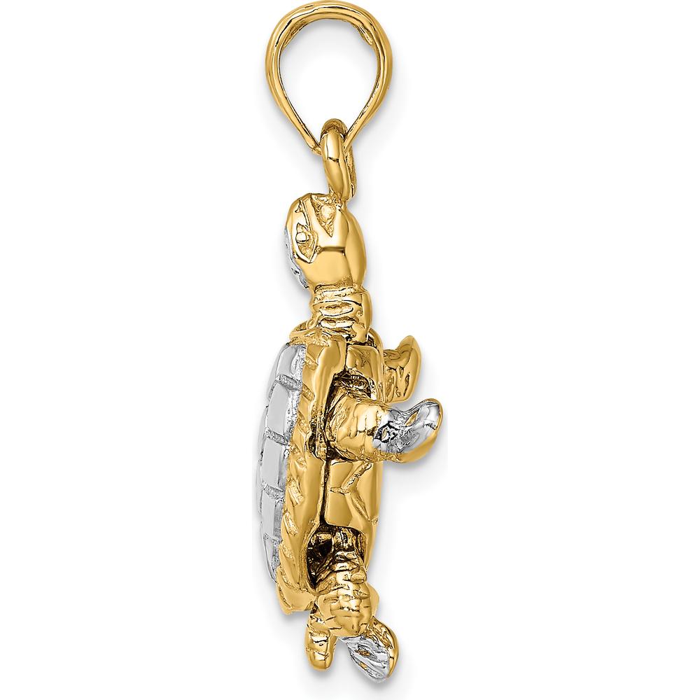 14K Yellow Gold 3D Turtle Charm with Moveable Head and Legs in Rhodium Finish by Oro Pregiato
