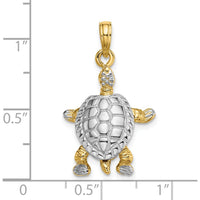 14K Yellow Gold 3D Turtle Charm with Moveable Head and Legs in Rhodium Finish by Oro Pregiato
