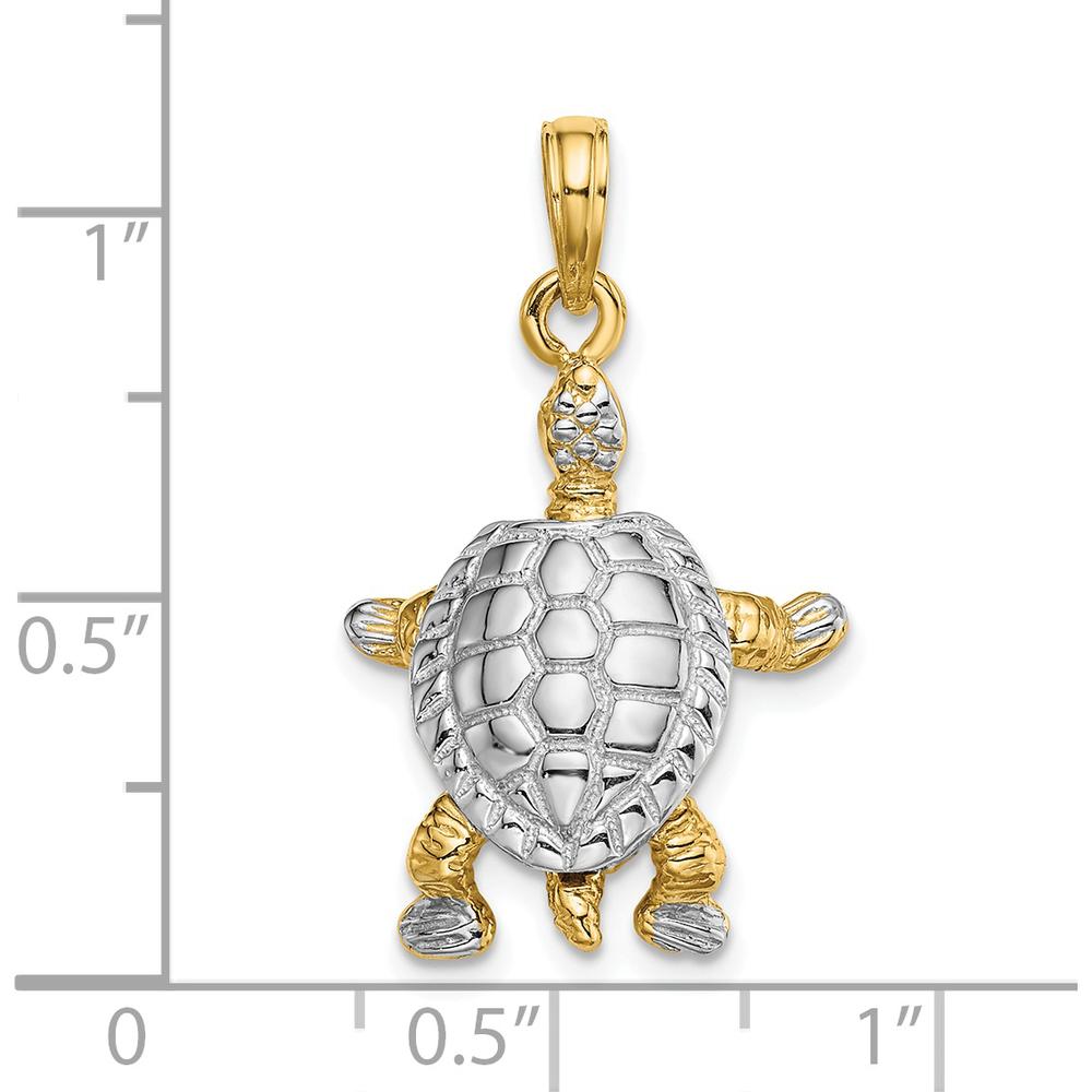 14K Yellow Gold 3D Turtle Charm with Moveable Head and Legs in Rhodium Finish by Oro Pregiato