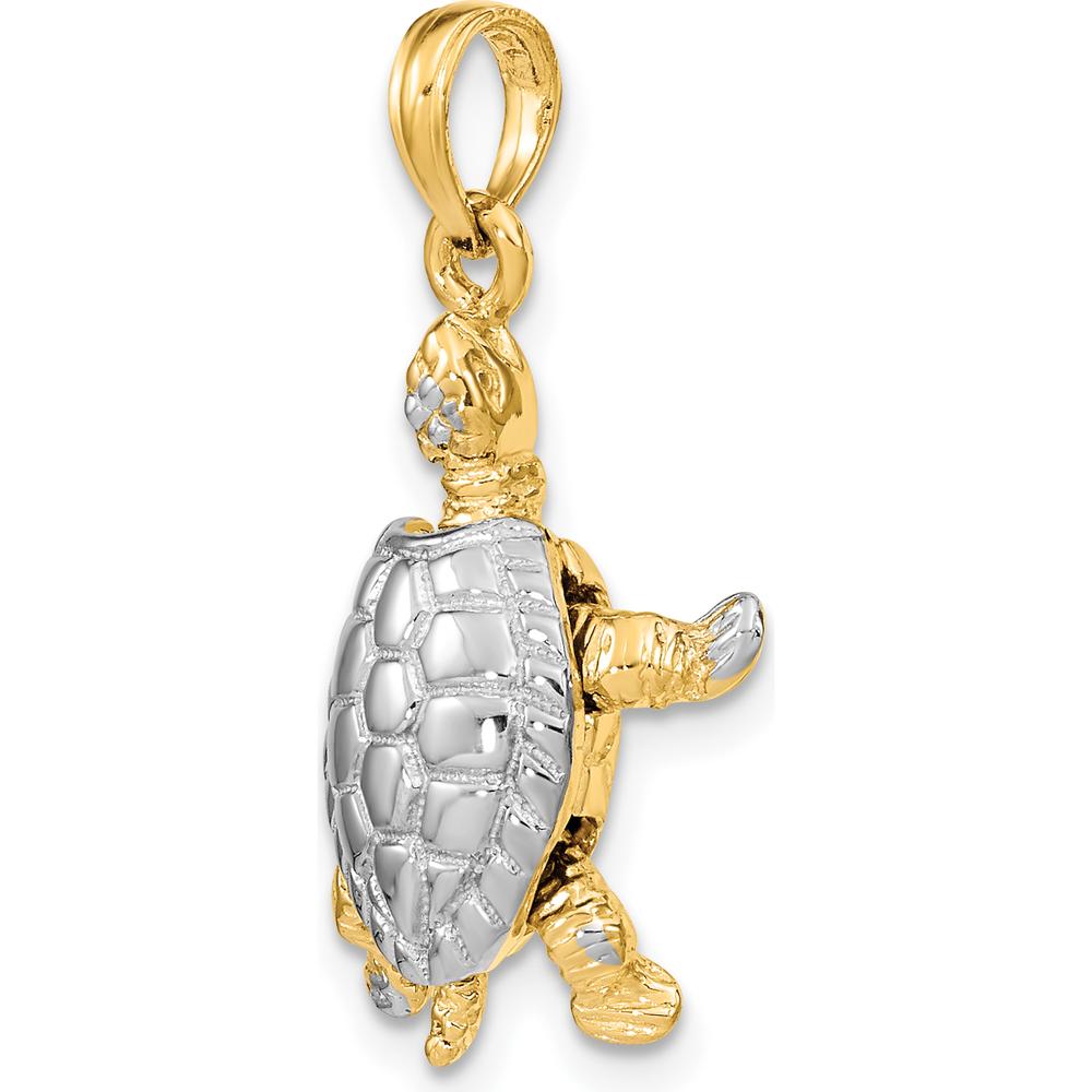 14K Yellow Gold 3D Turtle Charm with Moveable Head and Legs in Rhodium Finish by Oro Pregiato