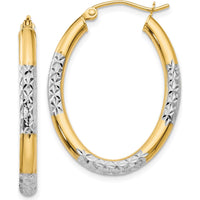14K Yellow Gold 3mm Diamond-Cut Oval Hollow Hoop Earrings with White Rhodium Accents by 0