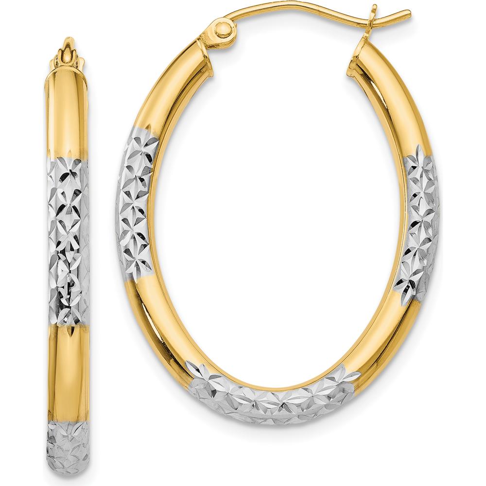 14K Yellow Gold 3mm Diamond-Cut Oval Hollow Hoop Earrings with White Rhodium Accents by 0