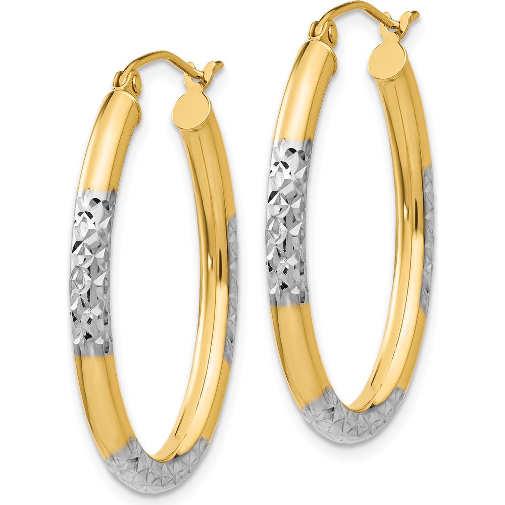 14K Yellow Gold 3mm Diamond-Cut Oval Hollow Hoop Earrings with White Rhodium Accents by 0