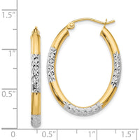 14K Yellow Gold 3mm Diamond-Cut Oval Hollow Hoop Earrings with White Rhodium Accents by 0