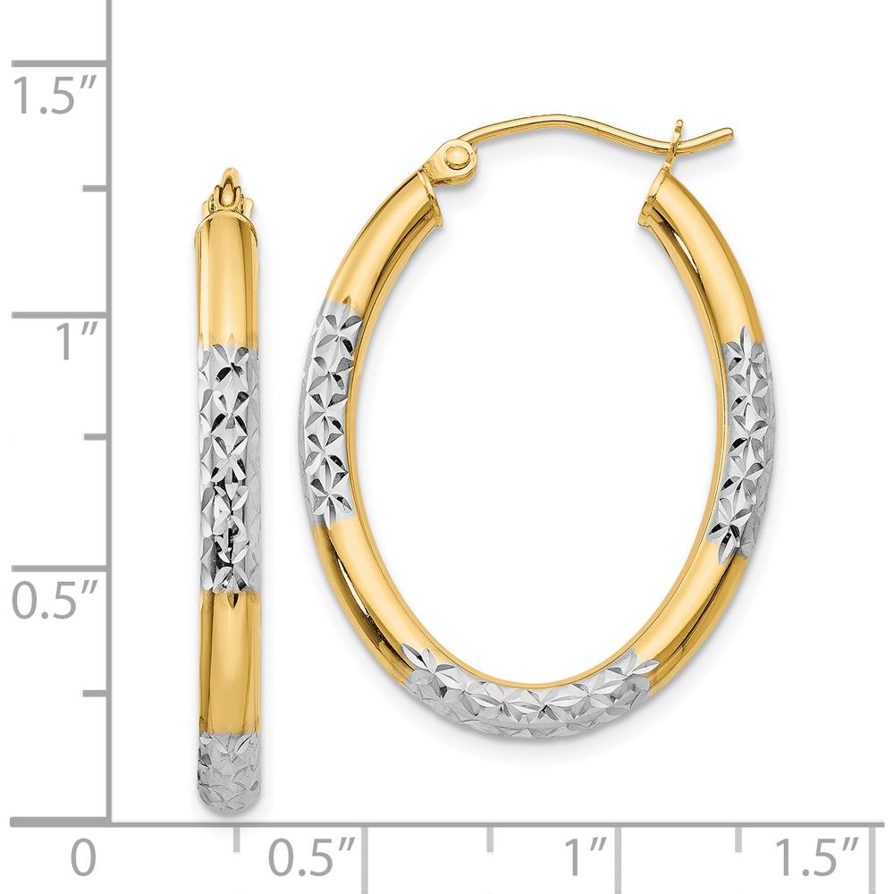 14K Yellow Gold 3mm Diamond-Cut Oval Hollow Hoop Earrings with White Rhodium Accents by 0