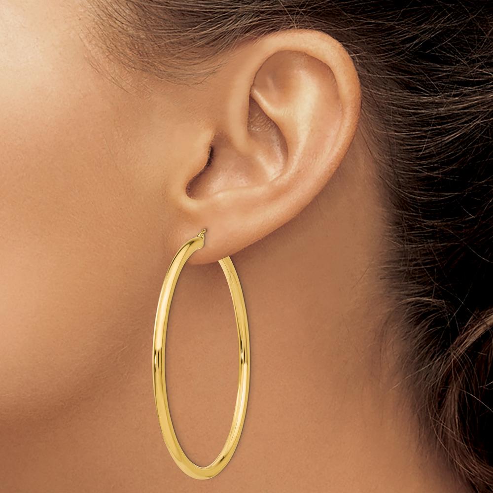 14K Yellow Gold 3mm Lightweight Polished Tube Hoop Earrings - 60mm Length by 0