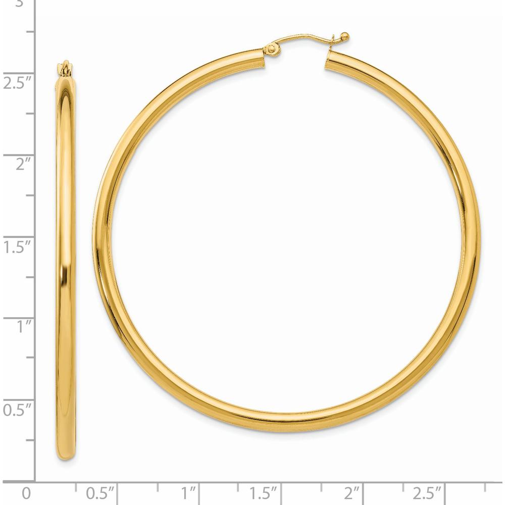 14K Yellow Gold 3mm Lightweight Polished Tube Hoop Earrings - 60mm Length by 0