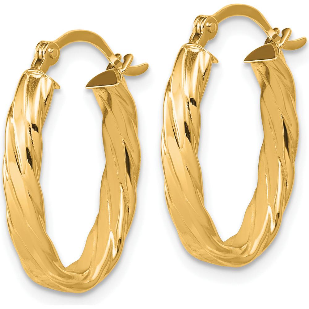 14K Yellow Gold 3mm Patterned Oval Hoop Earrings with Striped Texture - 17.75mm Length, 14mm Width by 0