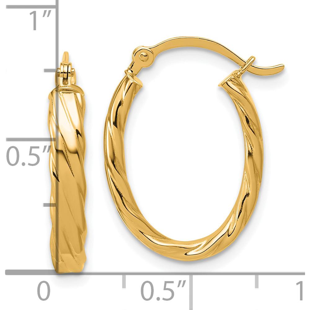 14K Yellow Gold 3mm Patterned Oval Hoop Earrings with Striped Texture - 17.75mm Length, 14mm Width by 0