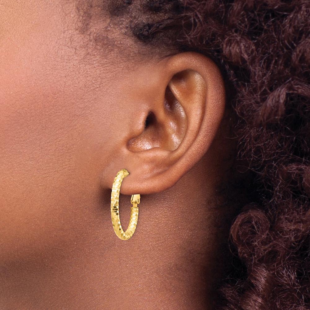 14K Yellow Gold 3mm Small Diamond-Cut Oval Hoop Earrings with Omega Backs by 0