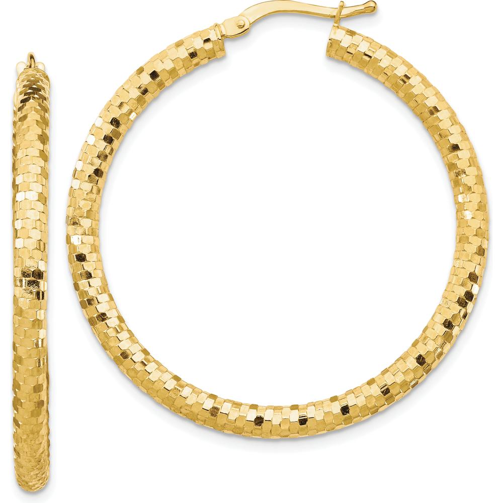 14K Yellow Gold 3x38mm Diamond-Cut Large Hoop Earrings by 0