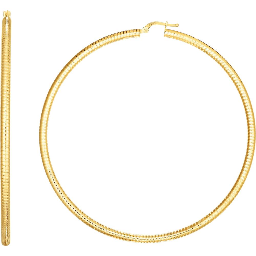14K Yellow Gold 3x80mm Textured Large Hoop Earrings with Diamond-Cut Finish - Hinged Back by Orozza Fine Jewelry