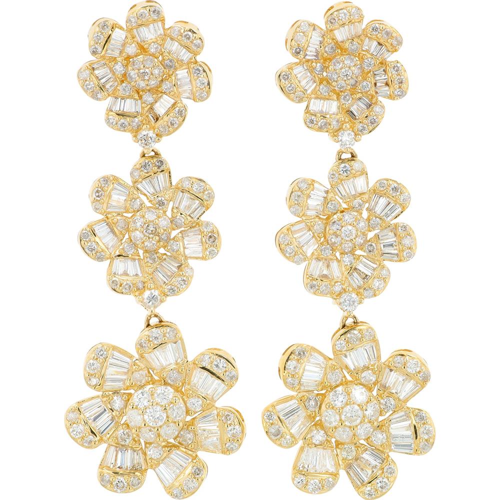 14K Yellow Gold 4.10 Carat Diamond Graduating Flower Drop Earrings - Round and Baguette Diamond Accents