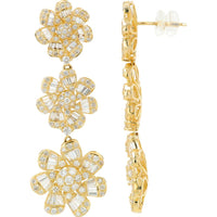 14K Yellow Gold 4.10 Carat Diamond Graduating Flower Drop Earrings - Round and Baguette Diamond Accents