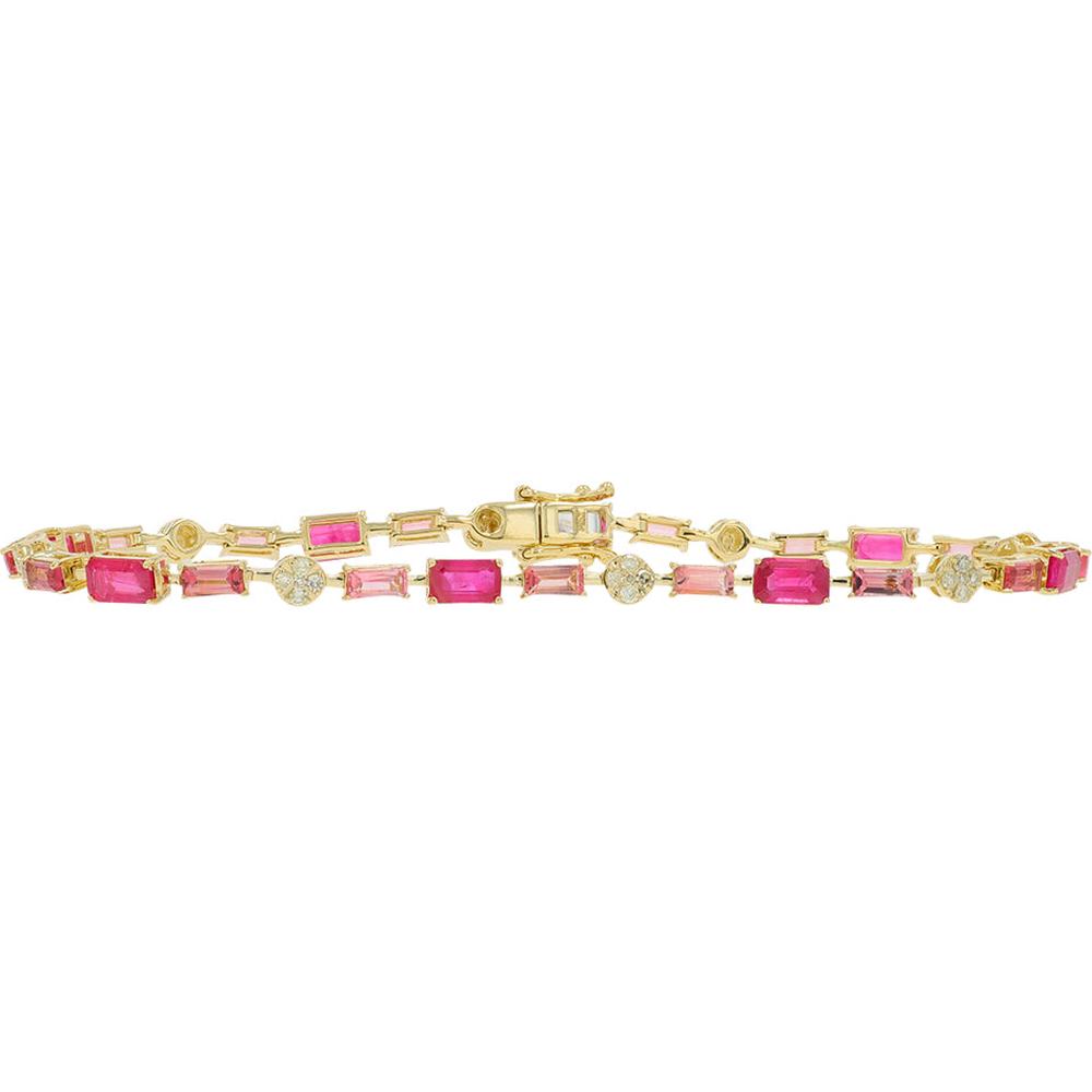 14K Yellow Gold 4.10 Carat Total Weight Pink Sapphire & Ruby Bracelet with 0.32 Carat Diamond Accents