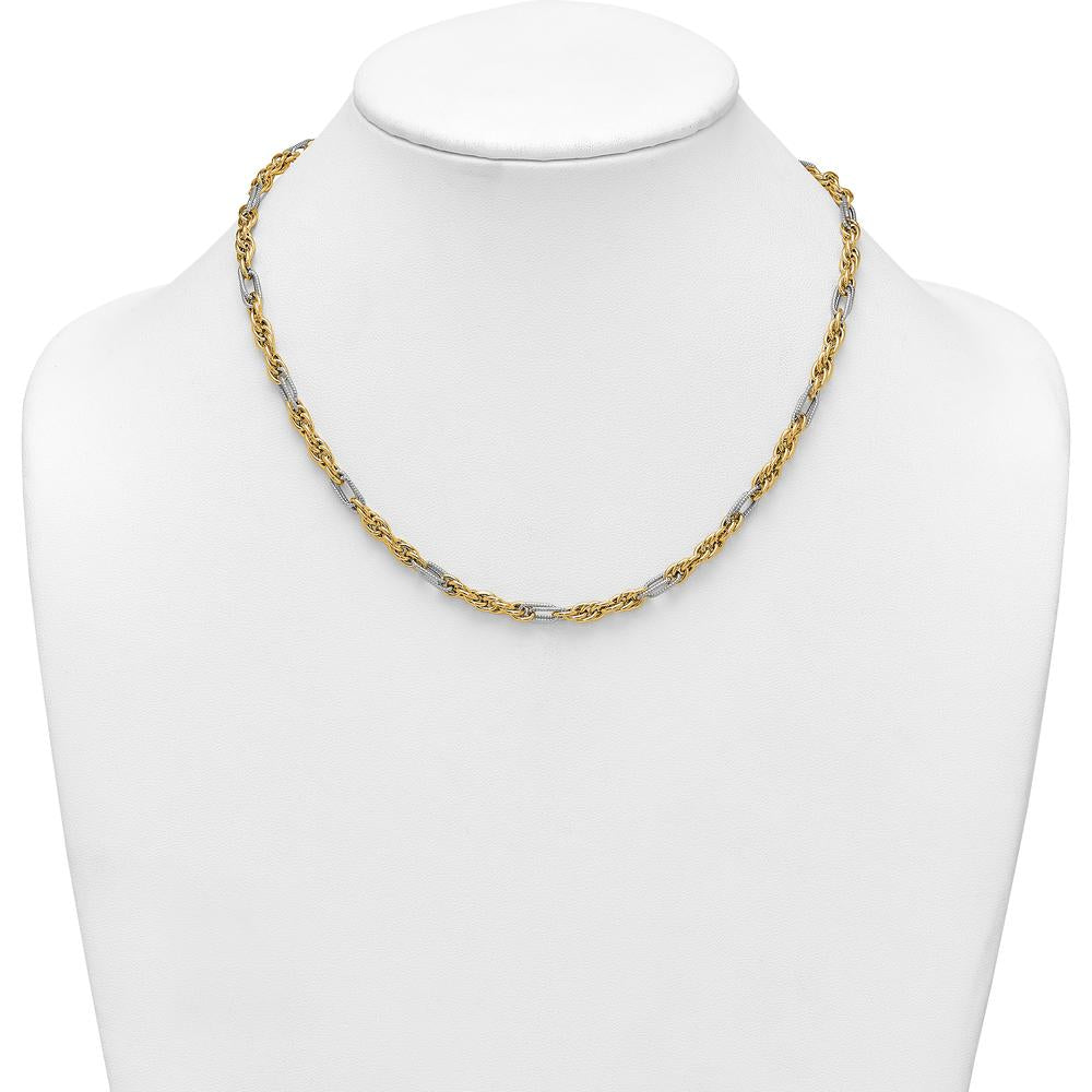 14K Yellow Gold 4.2mm Fancy Rope Chain Necklace with White Rhodium Accents - 18" Length by 0