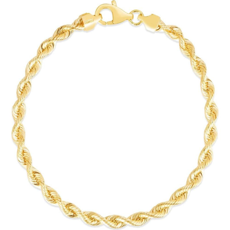 14K Yellow Gold 4.3mm Silk Rope Chain Bracelet with Lobster Clasp - 8" by Orozza Fine Jewelry