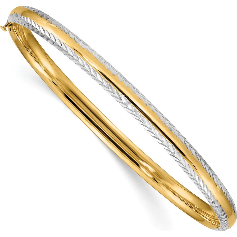 14K Yellow Gold 4.75mm Diamond-Cut Hinged Bangle Bracelet with Rhodium Plating by Oro Pregiato