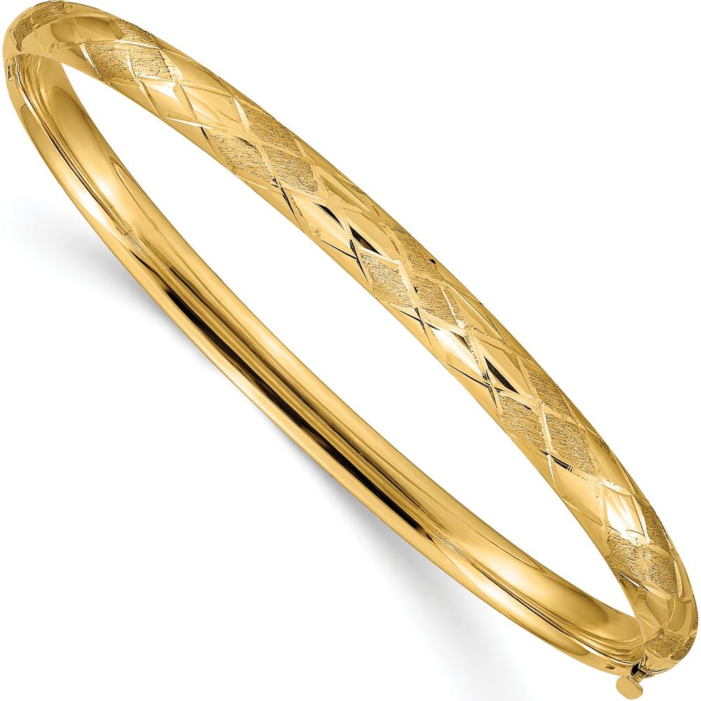 14K Yellow Gold 4.75mm Diamond-Cut Hinged Oval Bangle Bracelet with Box Catch Clasp by Oro Pregiato