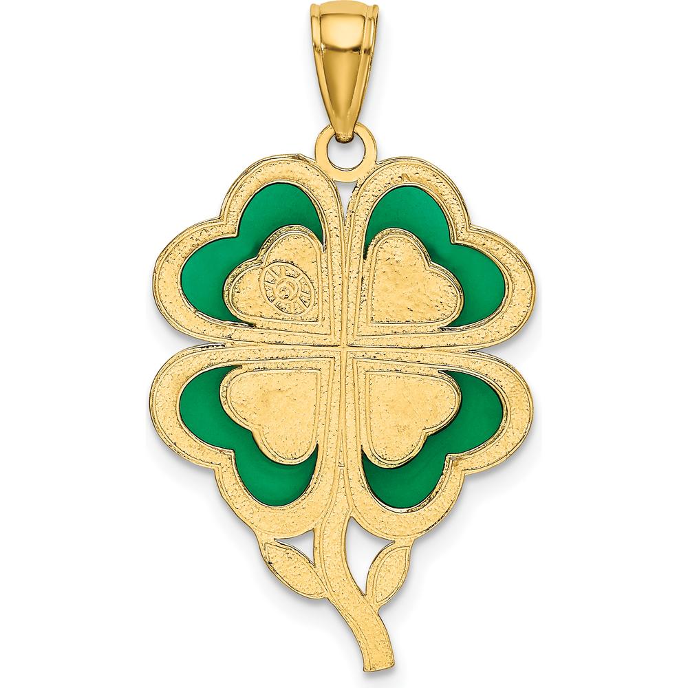 14K Yellow Gold 4-Leaf Clover Pendant with Green Enamel Accents by Oro Pregiato