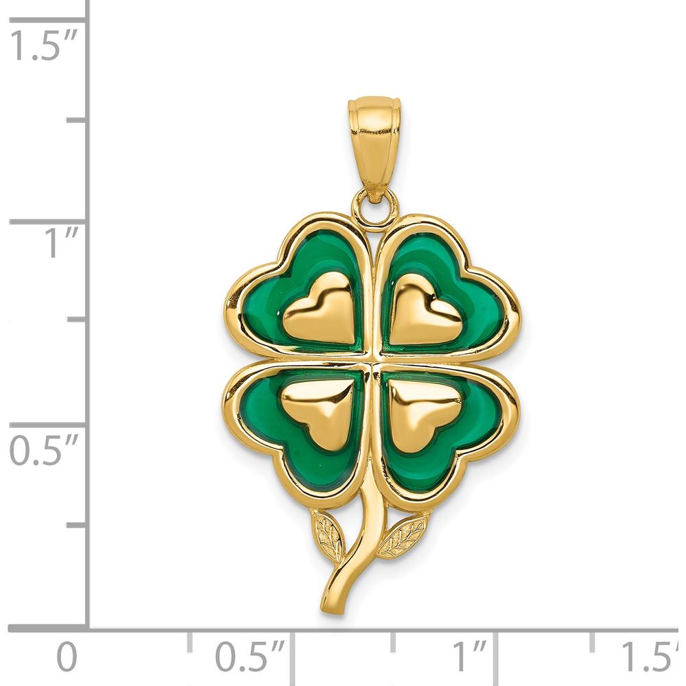 14K Yellow Gold 4-Leaf Clover Pendant with Green Enamel Accents by Oro Pregiato