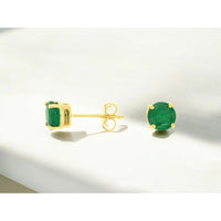 14K Yellow Gold 4-Prong Round Emerald Stud Earrings - 1.55 Carat Total Gem Weight with Friction Backs - Royal Jewelry