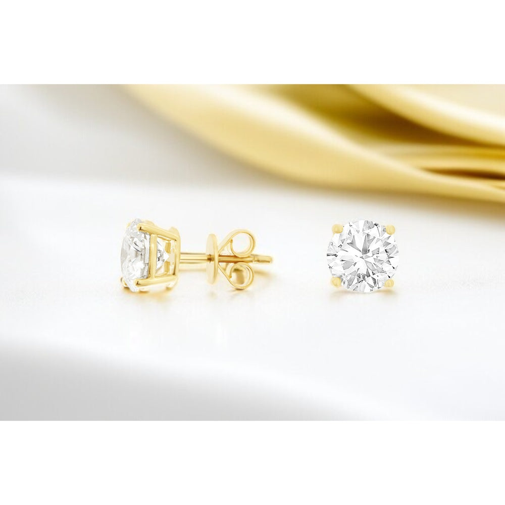 14K Yellow Gold 4-Prong Set Round Lab-Grown Diamond Stud Earrings - 4.00 Carat Total Diamond Weight - Royal Jewelry