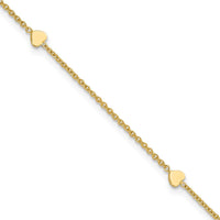 14K Yellow Gold 4-Station Polished Heart Anklet with Adjustable 1" Extender - 10" Total Length