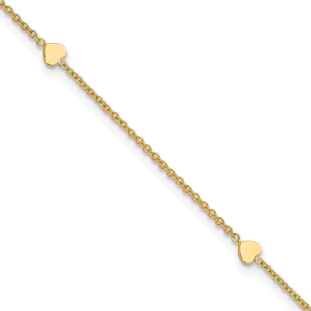 14K Yellow Gold 4-Station Polished Heart Anklet with Adjustable 1" Extender - 10" Total Length