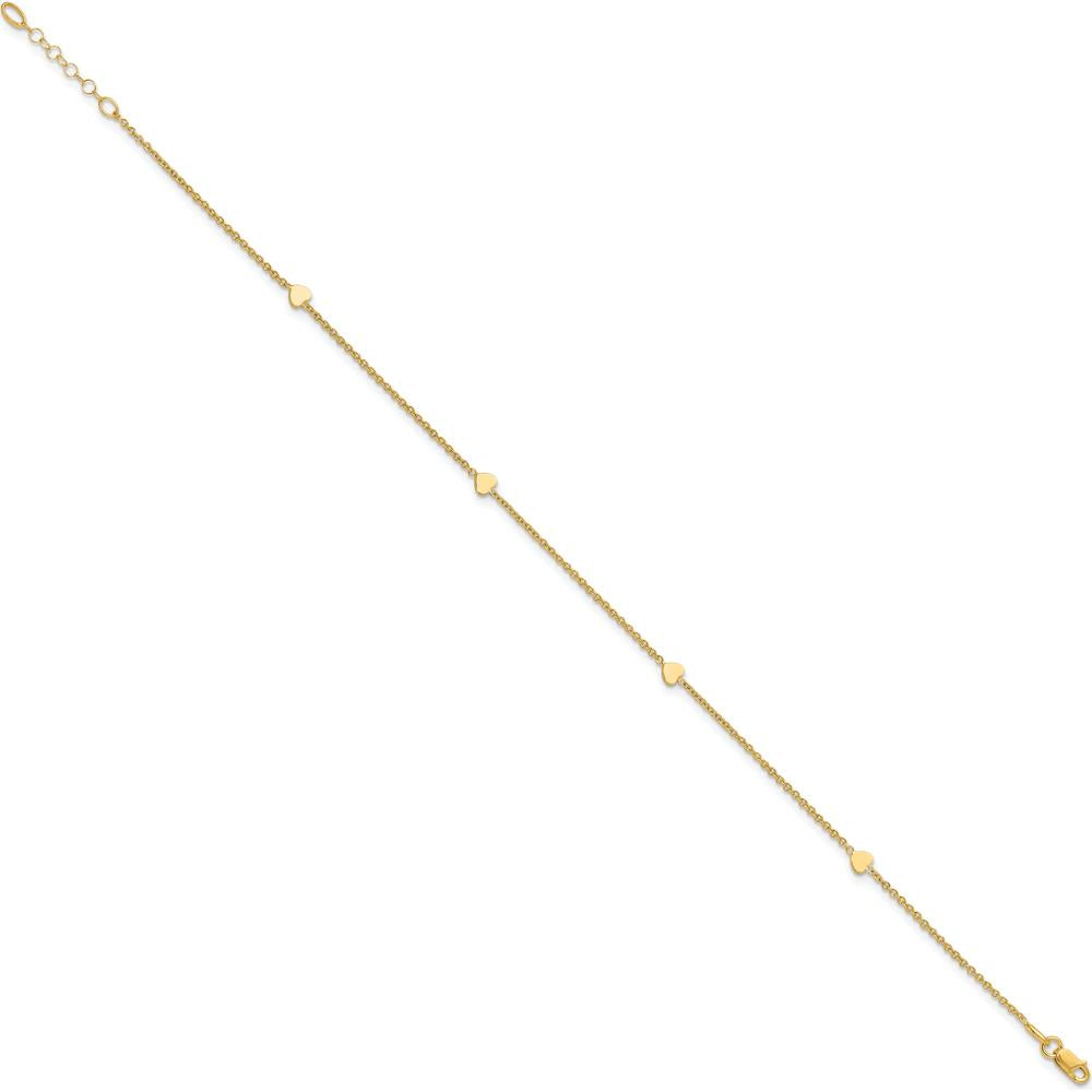 14K Yellow Gold 4-Station Polished Heart Anklet with Adjustable 1" Extender - 10" Total Length