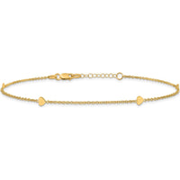 14K Yellow Gold 4-Station Polished Heart Anklet with Adjustable 1" Extender - 10" Total Length