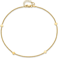 14K Yellow Gold 4-Station Polished Heart Anklet with Adjustable 1" Extender - 10" Total Length